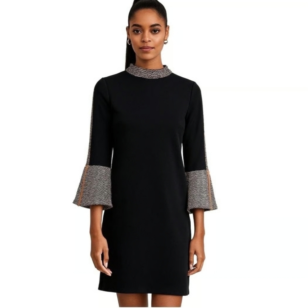 Anthropologie THML Black Shift Dress with Tweed and Suede Trim